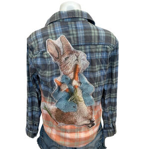 Peter Rabbit Plaid Flannel Shirt SMALL Oversize Upcycle Unique Easter Whimsical